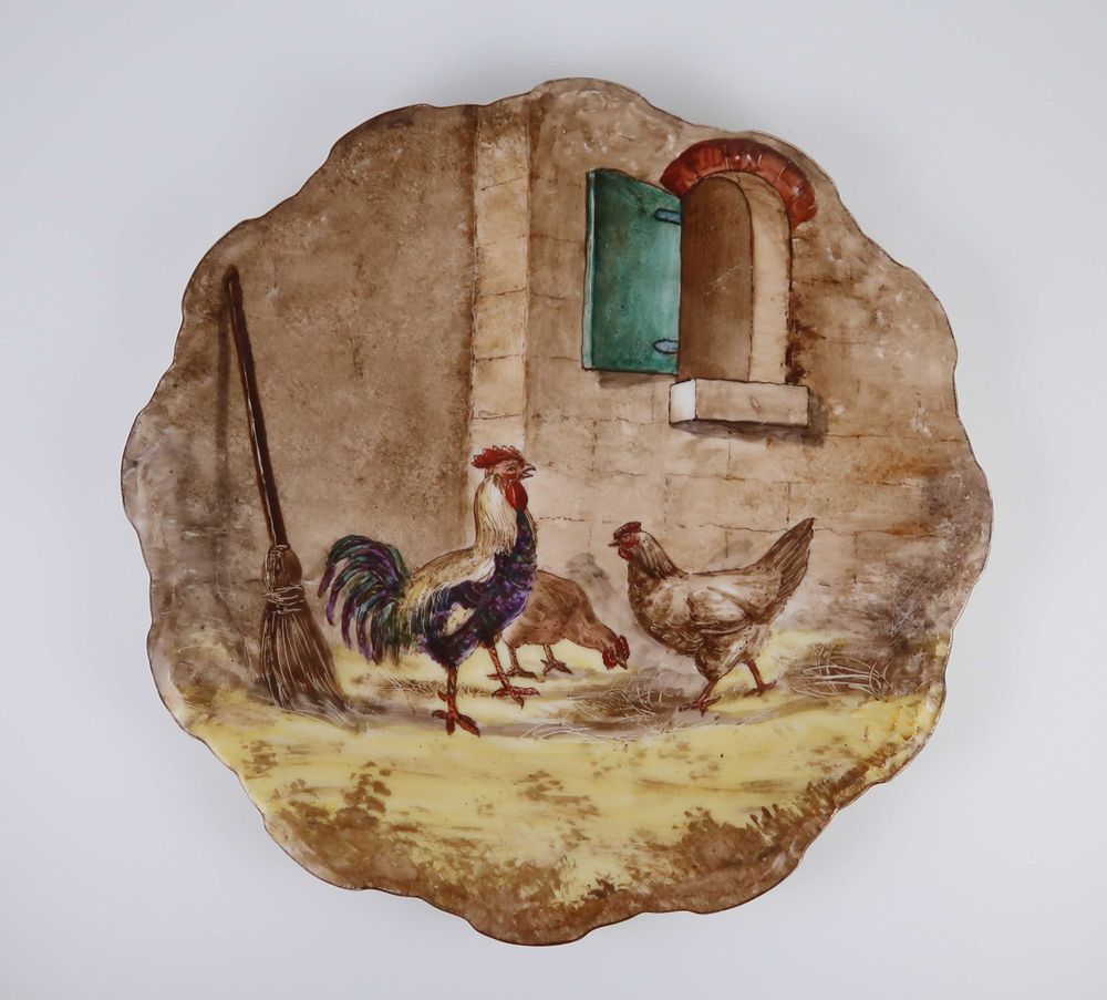 Prato antigo galos/galinhas pintado mão